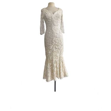 Vintage 60s White Lace Mermaid Dress and Jacket with fur cuffs| winter wedding| shimmery 