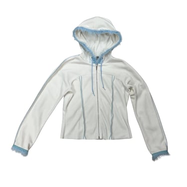 Y2K Moda International White Fleece Zip Up Jacket with Baby Blue Faux Monster Fur and Velvet Ribbon Trim / Hoodie / Fleece Hoodie / Small / 