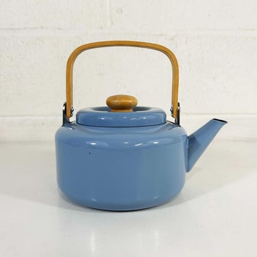 Vintage French Blue Enamel Tea Kettle 1970s Wooden Handle Teapot Danish Copco Style Wood Retro Kitchen Decor Periwinkle 