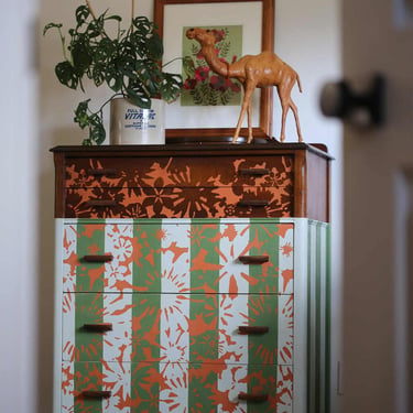 Maximalist Hand-Painted Vintage Dresser | 1930s–40s Floral & Stripe Chest 