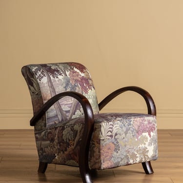 Sculptural Wood Arm Lounge Chair in Plantasia Cotton Linen, France, 1940s (2 available)