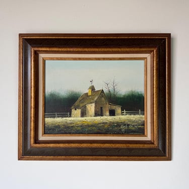 1970s Vintage  Country  Farm - Landscape Scene  Oil Painting by Herb Helen – Framed 