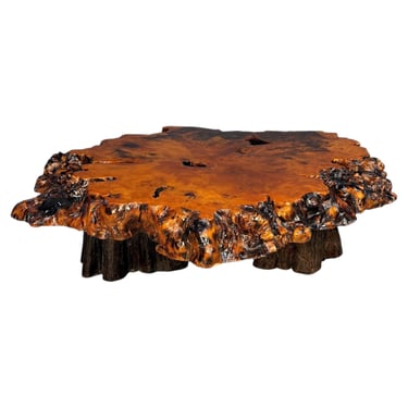 1970s California Redwood Burl Live Edge Coffee Table on Redwood Stump Base