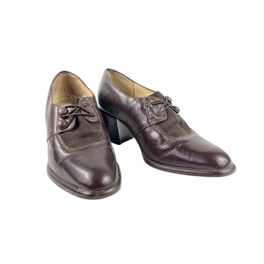 Vintage Brown Leather Oxford Loafers 80's does 70's Block Heeled Ankle Shoes Size 7 