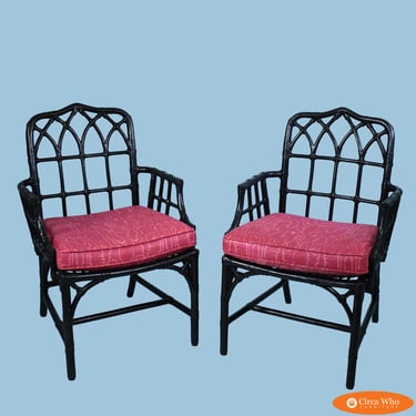 Pair of Black Rattan Cathedral Arm Chairs by McGuire