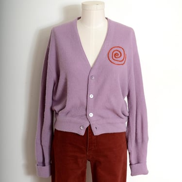 reworked vintage cardigan / ultra cropped button up sweater with embroidery / lavender w/ orange thread / fits Medium - Large 