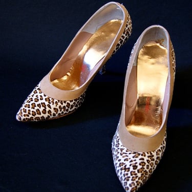 Vintage  1950's / 60's  Sexy leopard fur and leather four inch stiletto pumps rockabilly vlv bombshell vixen - size 8 1/2 !! 