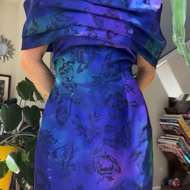 VTG 80s Purple Floral Off the Shoulder Dress 