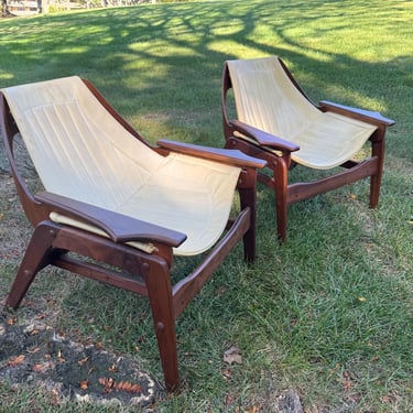 Pair of Jerry Johnson Walnut Mid Century Modern Sling Chairs Danish Scandinavian 