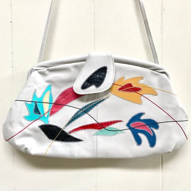 Vintage 1980s Leather Appliqué Crossbody Purse, 80s Bone Leather w/Colorful Abstract Snakeskin, Convertible Shoulder Bag to Clutch, VFG 