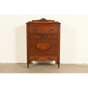 Berkey & Gay Style Antique Art Deco Carved Walnut Highboy Dresser, Circa 1930s
