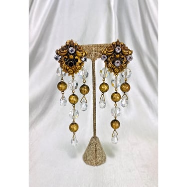 Joseff of Hollywood Three Dangle Large Clip On Crystal Gold Toned Earrings AS IS 