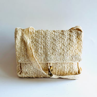 vintage 90s Donna Karan women’s cream raffia effect crochet knit cream ribbon bag with bronze tulip hardware flap crossbody purse or clutch 