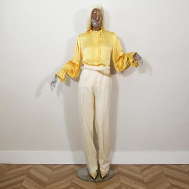 Vintage 1970s Christian Dior Yellow Silk Ruffle Blouse Voluminous Sleeves UK 10-12/US 6-8 