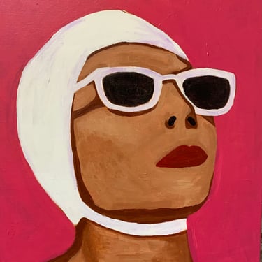Retro bather with swim cap, 24x 24x 1.5, vintage swimmer, bright pink, retro bather, pinup art, hand painted, original art 