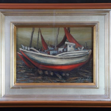 Japan oil painting rural harbor landscape 1973 modernist oil art craft 