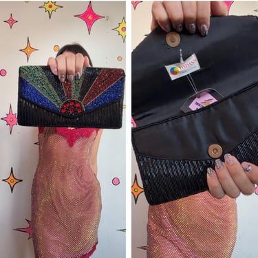 Vintage 80s 90s Rainbow Beaded Silk Clutch Evening Glam Maximalist Formal Purse 