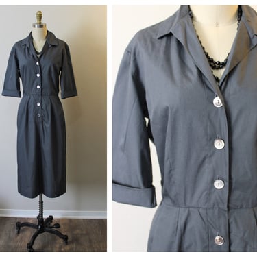 Vintage 50s 1950s Dress Rare HOLLY HOELSCHER California Shirt Dress Charcoal Gray Cotton Day Dress short sleeve vtg  // US 0 2 4 xs small 
