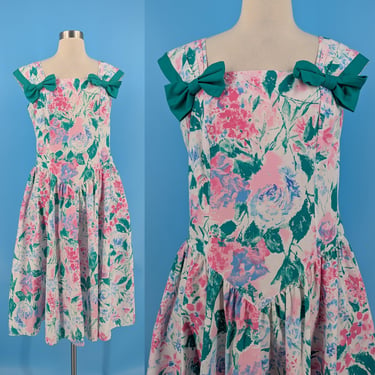 Vintage 80s Halmaode Petites Medium Floral Fit and Flare Dress - Eighties Sleeveless Romantic Sun Dress 