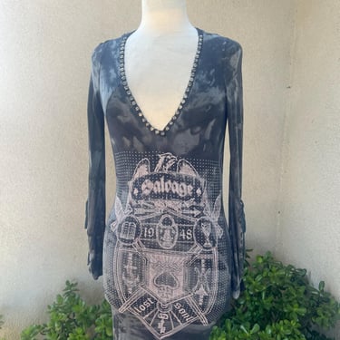 Vintage Y2K sexy micro mini dress grey black silver studs lace sleeves Sz S by Salvage. 