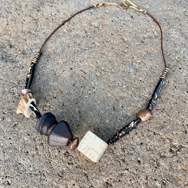 Handmade Beaded Necklace by Doug Kaigler: Recycled Metal, Wood & Leather Wearable Art 