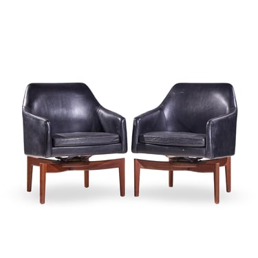 Jens Risom Mid Century Walnut Swivel Chairs - Pair - mcm 
