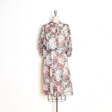 vintage 70s sheer secretary dress autumn floral print boho hippie dolman sleeve midi M 