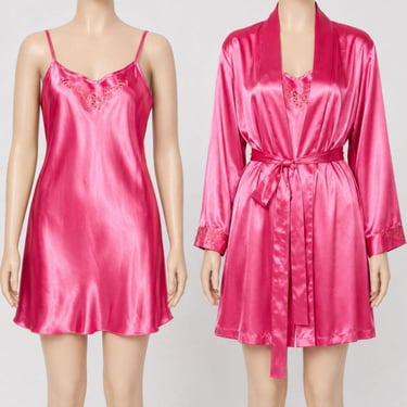 Vintage Hot Pink Satin Slip Dress Robe Set Size Medium Romantic Embroidered Nightgown Sleepwear 