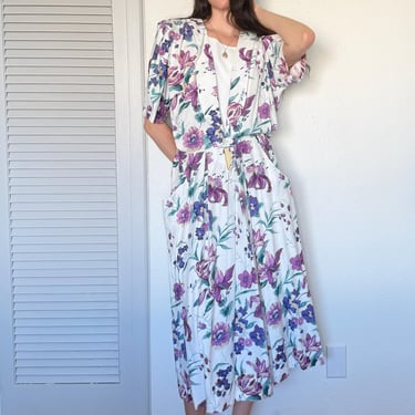 80s Floral Shirt Dress (L) large white purple vintage midi 