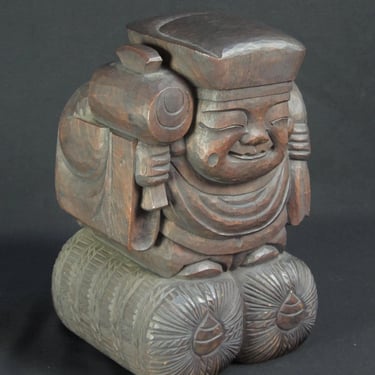 Japan primitive rural sculpture carving Daikoku-san prosperity fortune deity 1900 Buddhist Mingei art 