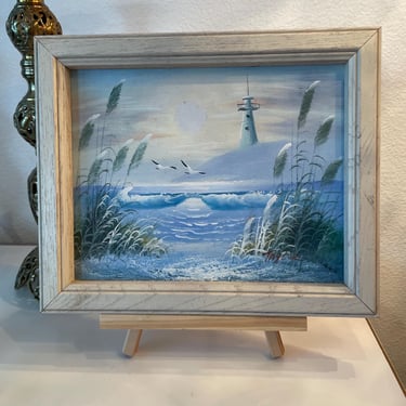 Vintage Roy Taylor Oil Painting on Board | Seascape Oil on Hard Board | Seashore  Art Wooden Frame | Oil painting Lighthouse and Ocean 