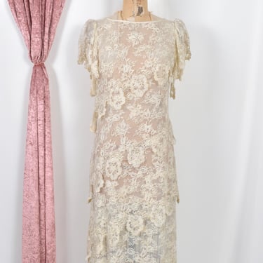 Vintage 1980s Dress / 80s Lace Asymmetrical Ruffle Dress / Cream ( S M ) 