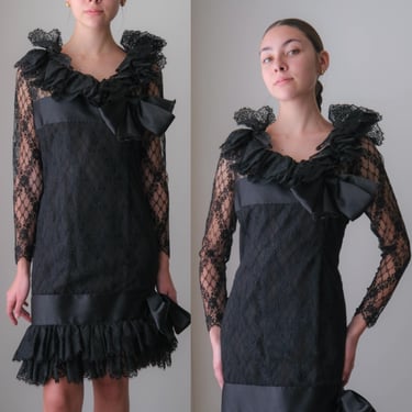 Vintage 80s BILL BLASS Deep Black Floral Lace Asymmetrical Long Sleeve Elegant Maxi Dress w/ Ruffled Hemline | Made in USA | 1980s Couture 