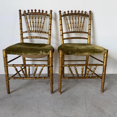 Antique Italian Faux Bamboo Gilt Wood Accent Chairs with Green Velvet Upholstery – A Pair 