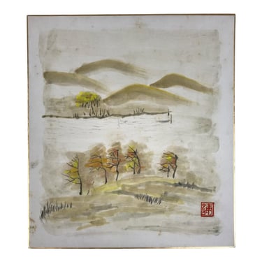 Japanese Shikishi Art Board Vtg Painting Autumn Mountain Valley River Scene A848