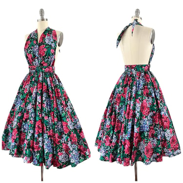 80s Dark Floral Backless Cotton Sun Dress with Belt / 1980s Vintage Fit and Flare Day Dress / Medium / Size 8 to 10 