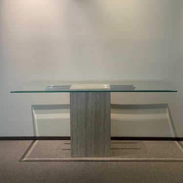 Travertine, Glass, and Chrome Console Table | Mid Century Vintage End Table | 1970s Artedi 