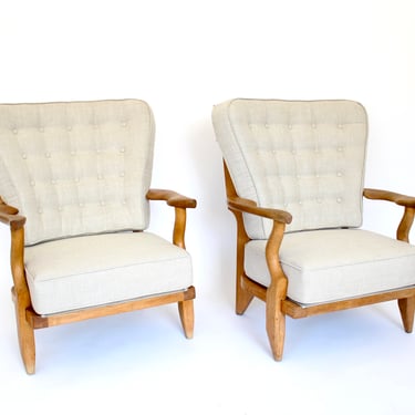 Guillerme et Chambron Pair French Oak Petite Repos Lounge Chairs Votre Maison 