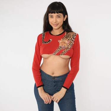 70s Cropped Leopard Shirt Blouse Red Safari Animal Bohemian Top 1970s Hippie Long Sleeve Novelty Print Small Medium 