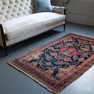 Antique 3’9.5” x 6’2” Botanical Navy Camel Hand-Knotted Wool Pile Rug 1920s - FREE DOMESTIC SHIPPING 