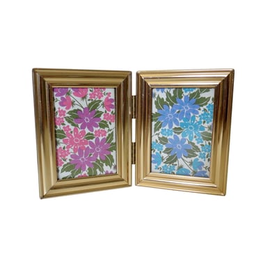 Vintage 60s Framed Art - Groovy Floral Hinged Bi-Fold Double Picture Frame for Table Dresser Decor - Upcycled 