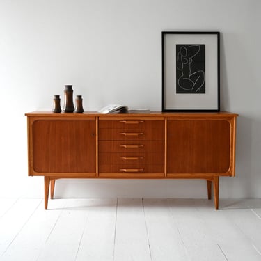 1950s Scandinavian Teak and Oak Sideboard, Five Drawers, Sculpted Handles, Vintage Mid-Century Modern 