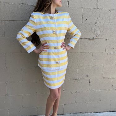 Vintage 80s 90s Victor Costa Striped Floral Blazer Jacket Skirt set suit S/M 
