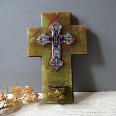 Antique French Cloisonne Onyx  Enamel Bénitier ,Old  Holy Water Font. 