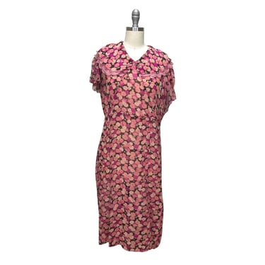 Vintage 1930s Floral Chiffon Day Dress Pink Scalloped Collar Bias Cut 
