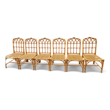 Set of Six Vintage McGuire Style Rattan Chairs – Leather Wraps, Patina 