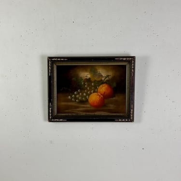 Antique Signed Oil on Board Still Life Painting of Oranges & Grapes; Wood Frame With Carved Details 