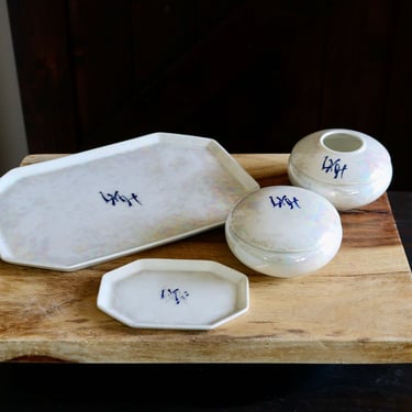 Antique French 1916 Victorian Vanity Set, Elegant Dresser Decor, Iridescent Monogrammed Art Deco Tray, Soap Dish, Powder Jar & Hair Receiver 