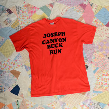 vintage 80s red tshirt with felted letters / Joseph Canyon Buck Run / single stitch tee made in USA / large 
