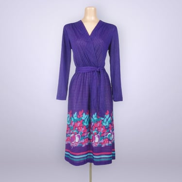 VINTAGE 80s Fruit Print Midi Dress | Purple Striped Novelty Print | 1980s Border Print | Cotton Jersey Dress | VFG 